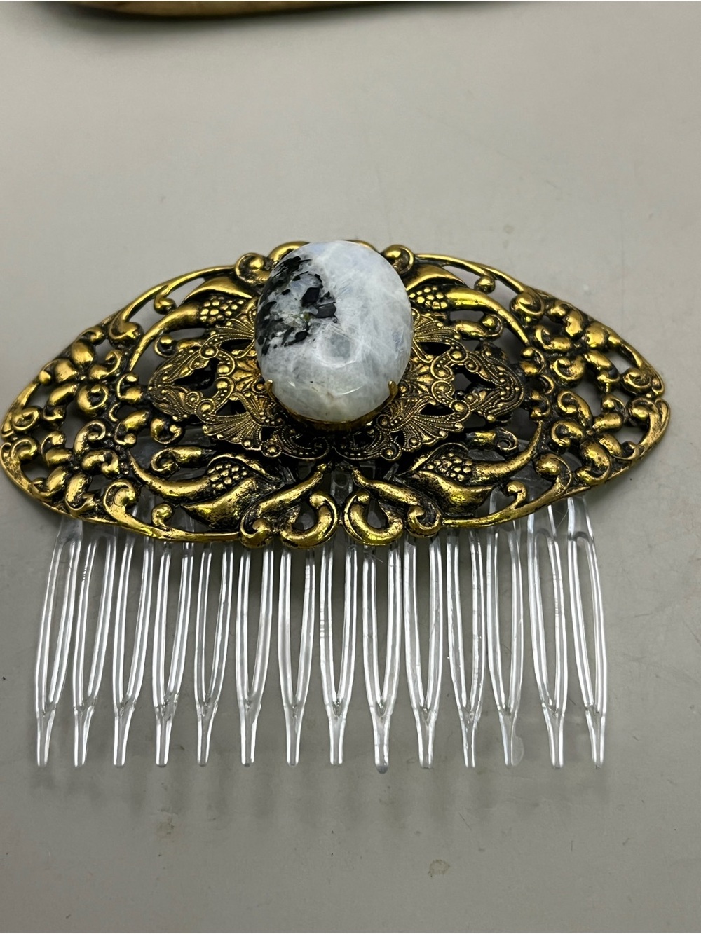Vintage Brass Filigree Hair Comb Rainbow Moonstone Tourmaline Cabochon Victorian